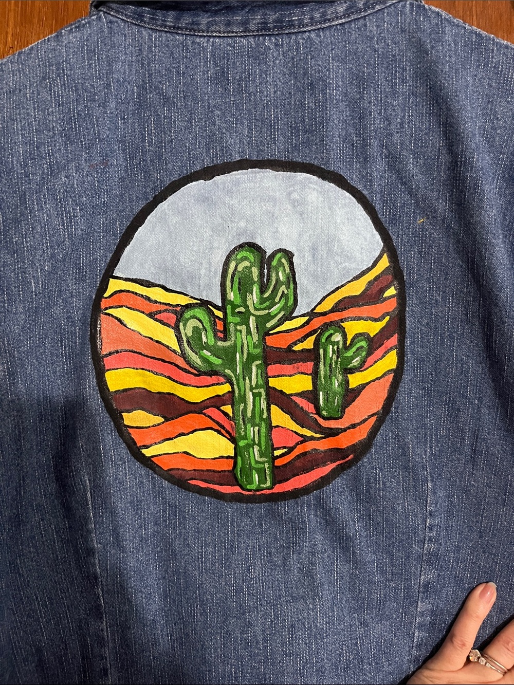Relativity Short Sleeve Denim Button-Down Shirt - Blue with Cactus Hand Painted
